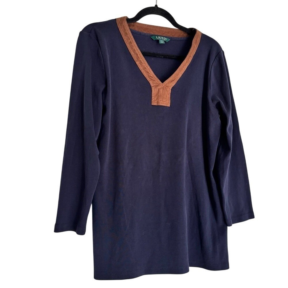 Lauren Ralph Lauren Womens XL Navy Blue Faux Suede Trim V-Neck Cotton‎ Knit Top